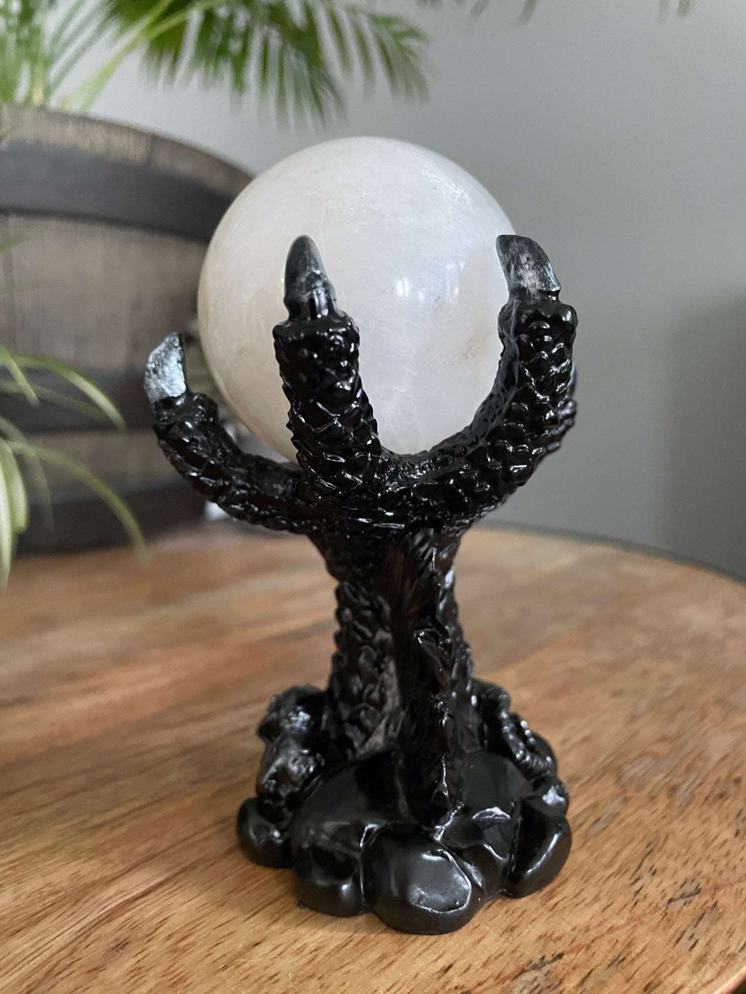 Pictured is a sphere stand in the shape of a black dragon's claw. Dragon Claw Crystal Sphere Stand - The Wandering Fox Emporium, Your Metaphysical Store