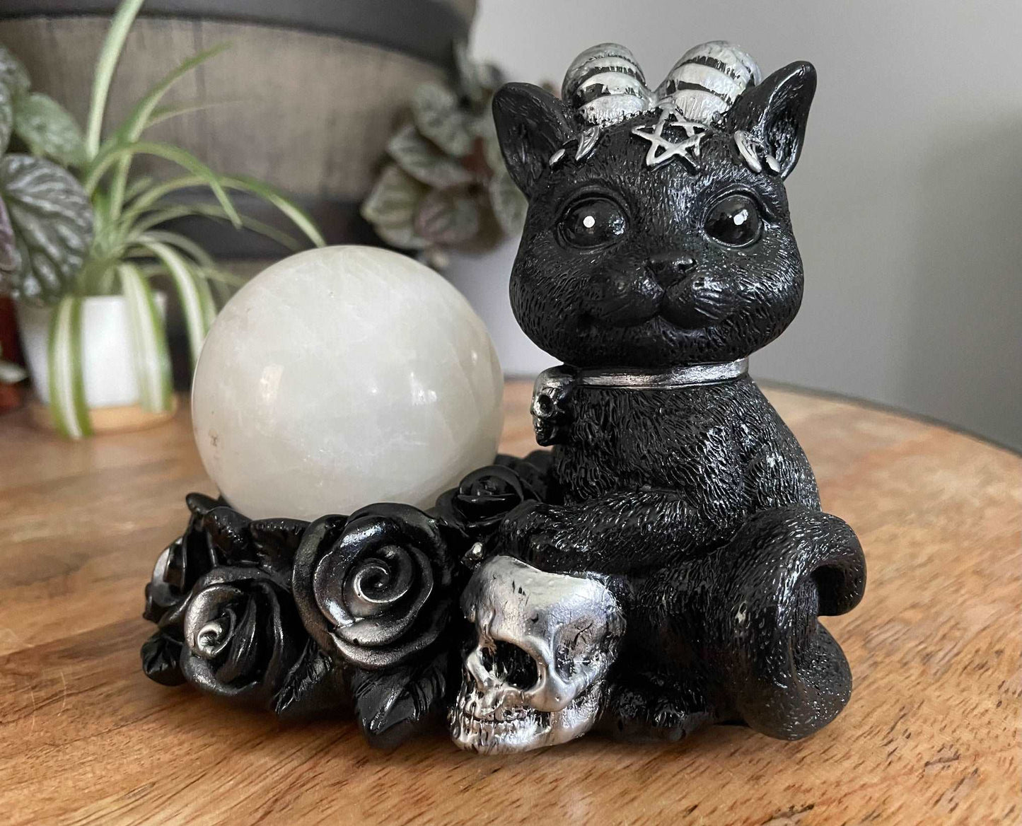 Demon Cat & Roses Crystal Sphere Stand - The Wandering Fox Emporium, Your Metaphysical Store