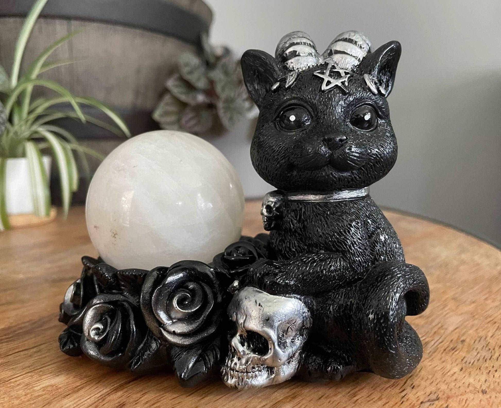 Demon Cat & Roses Crystal Sphere Stand - The Wandering Fox Emporium, Your Metaphysical Store front