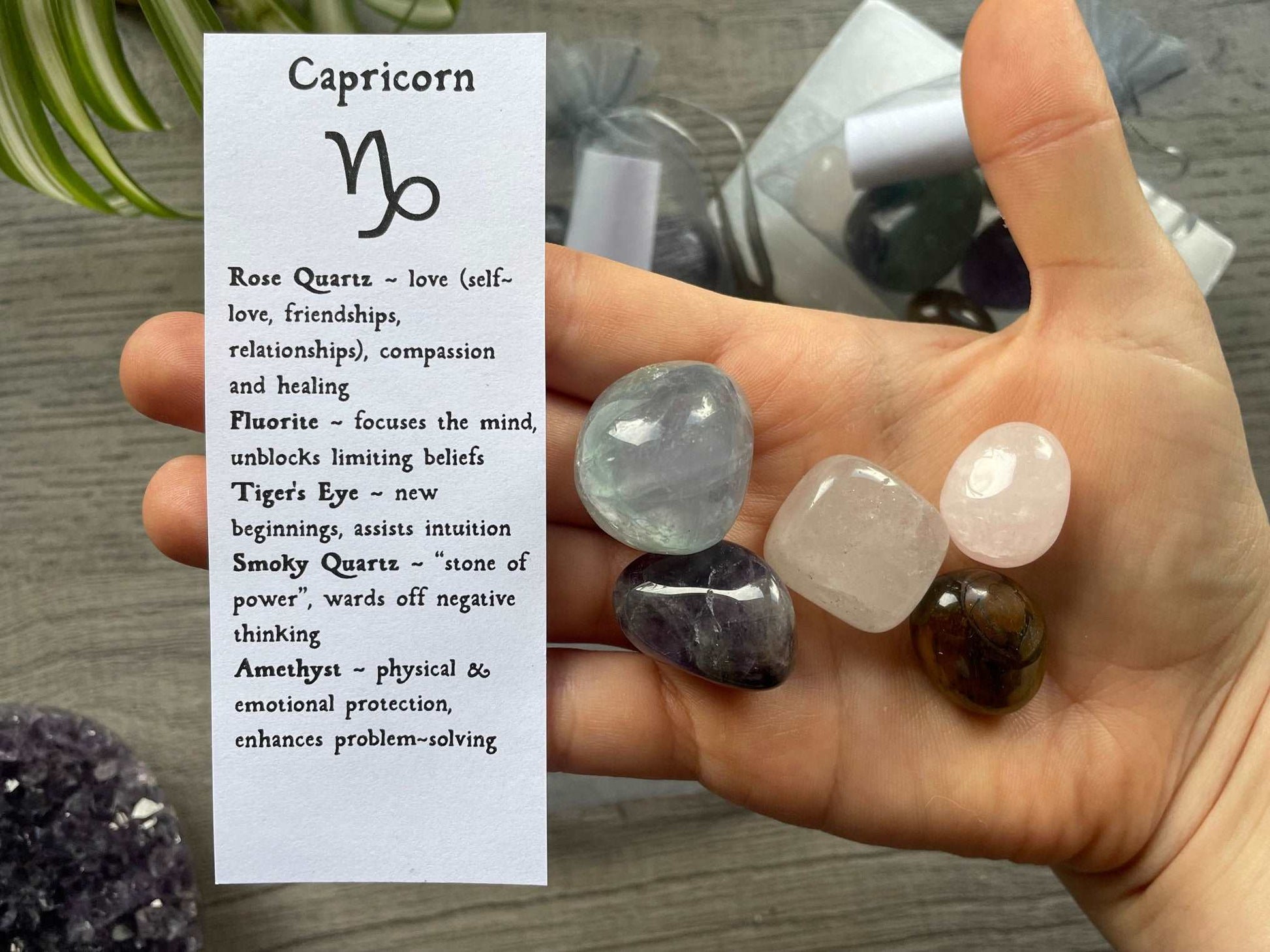 An image of a collection of tumbled stones in an organza bag. To the side is a piece of paper that describes what each tumbled stone's metaphysical properties are. CAPRICORN Zodiac Tumbled Crystal Bag crystals