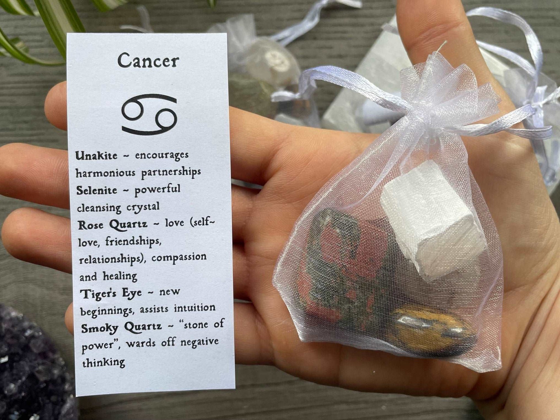 An image of a collection of tumbled stones in an organza bag. To the side is a piece of paper that describes what each tumbled stone's metaphysical properties are. CANCER Zodiac Tumbled Crystal Bag front