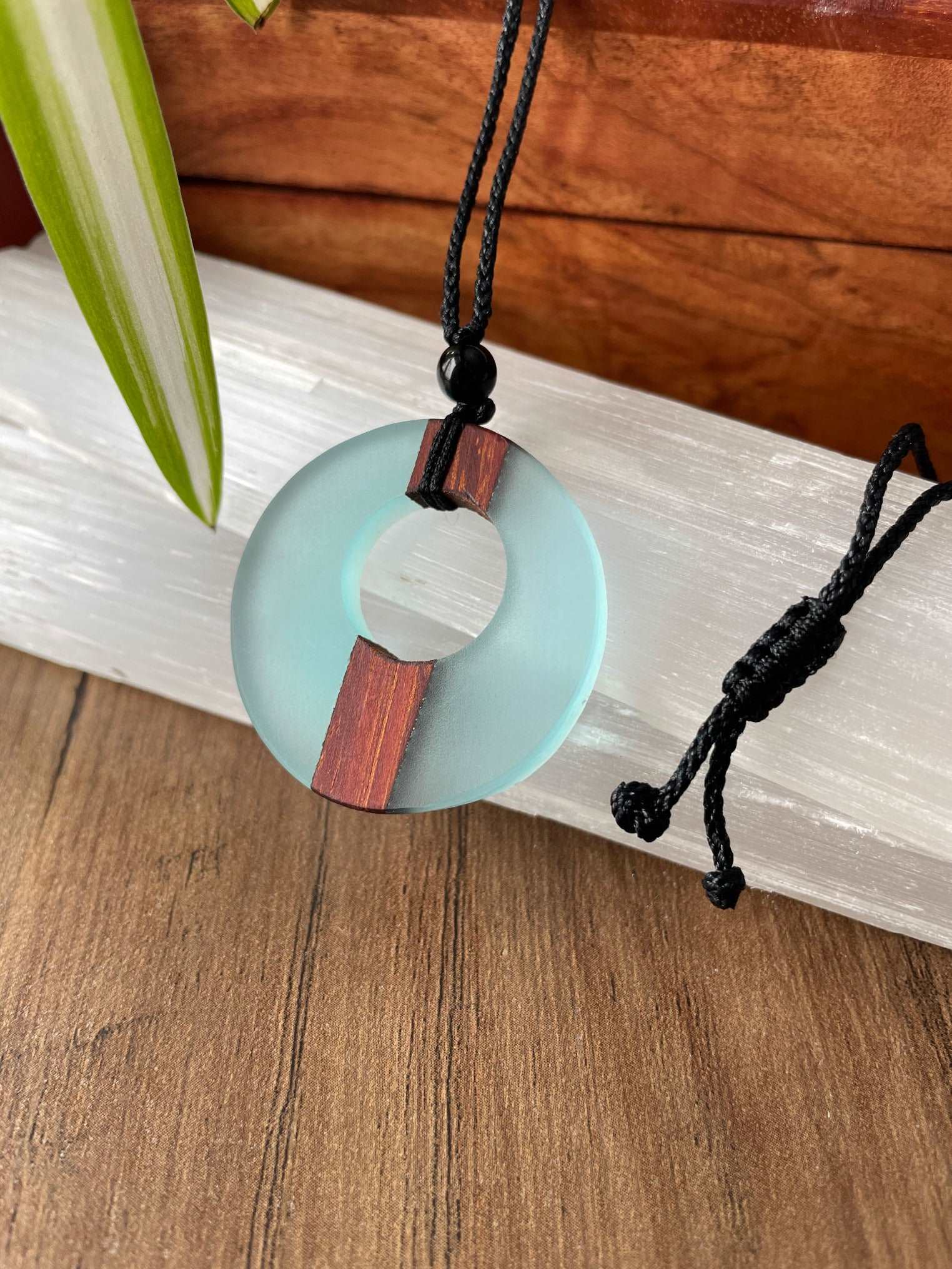 Blue Resin & Wood Necklace (Type E) close up