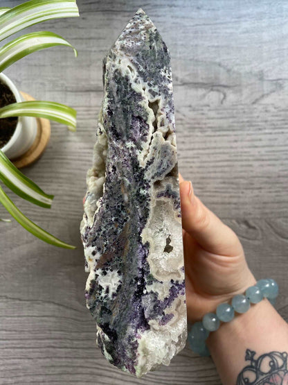 Druzy Purple Fluorite & Sphalerite Crystal Tower side