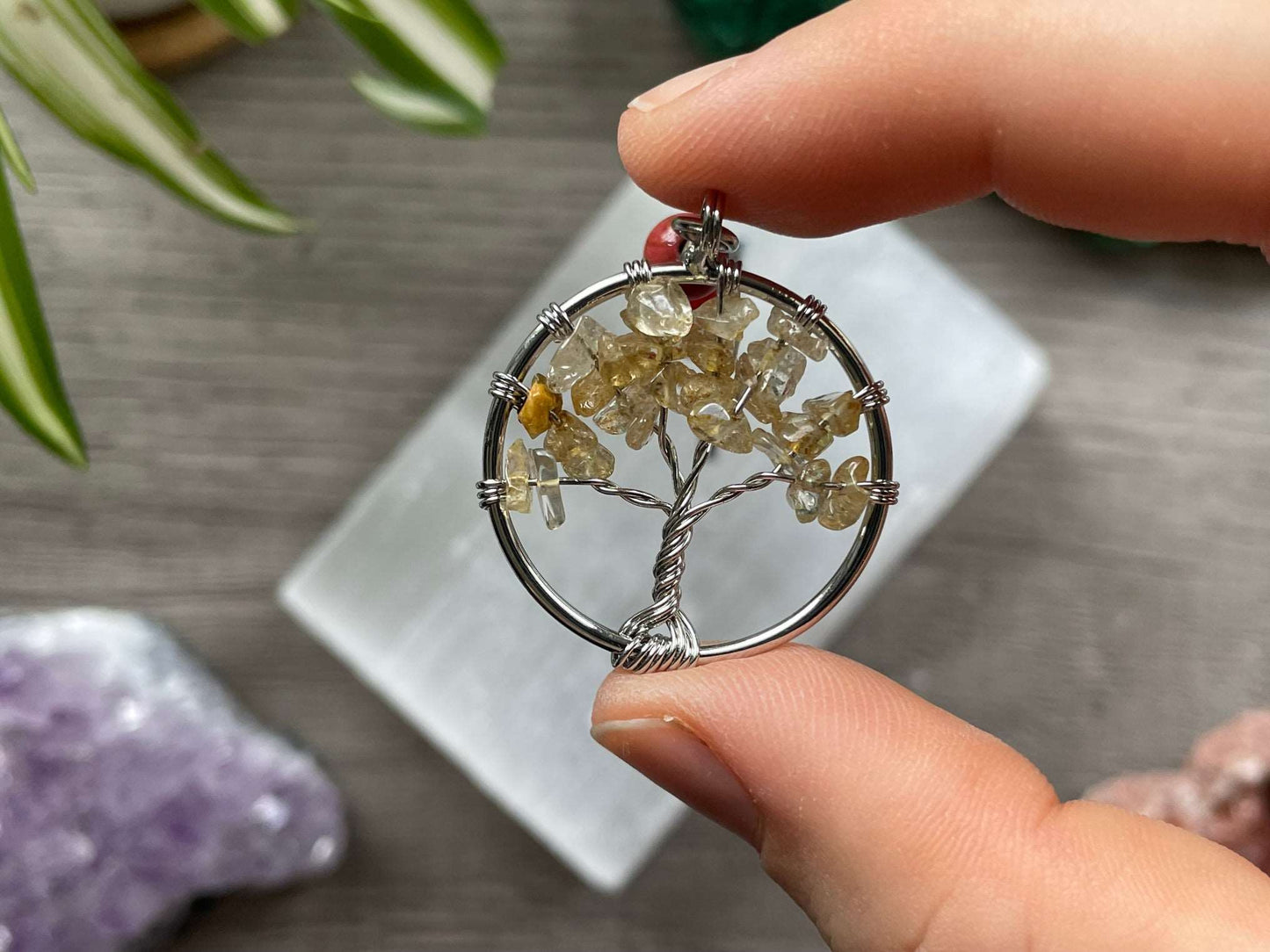 Citrine Crystal Tree of Life Keychain close up