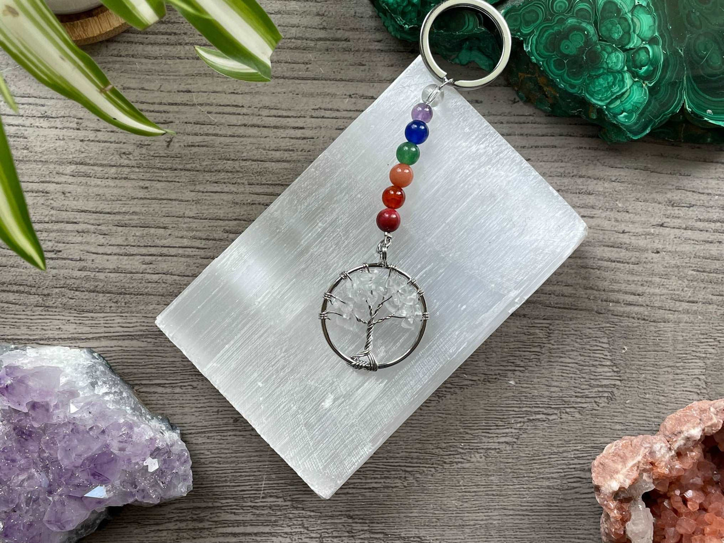 Clear Quartz Crystal Tree of Life Keychain 