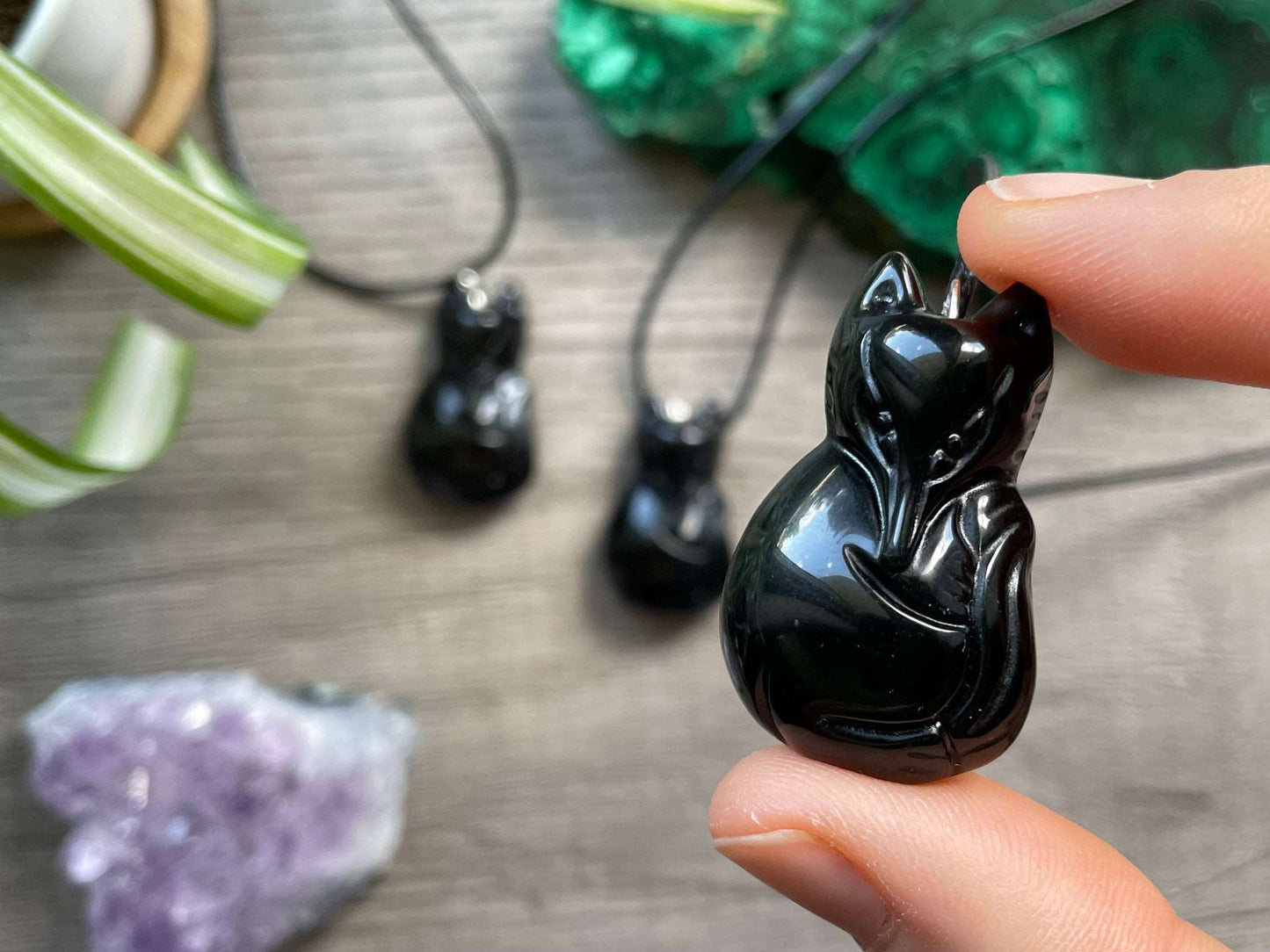 Black Obsidian Fox Necklace Crystal Carving