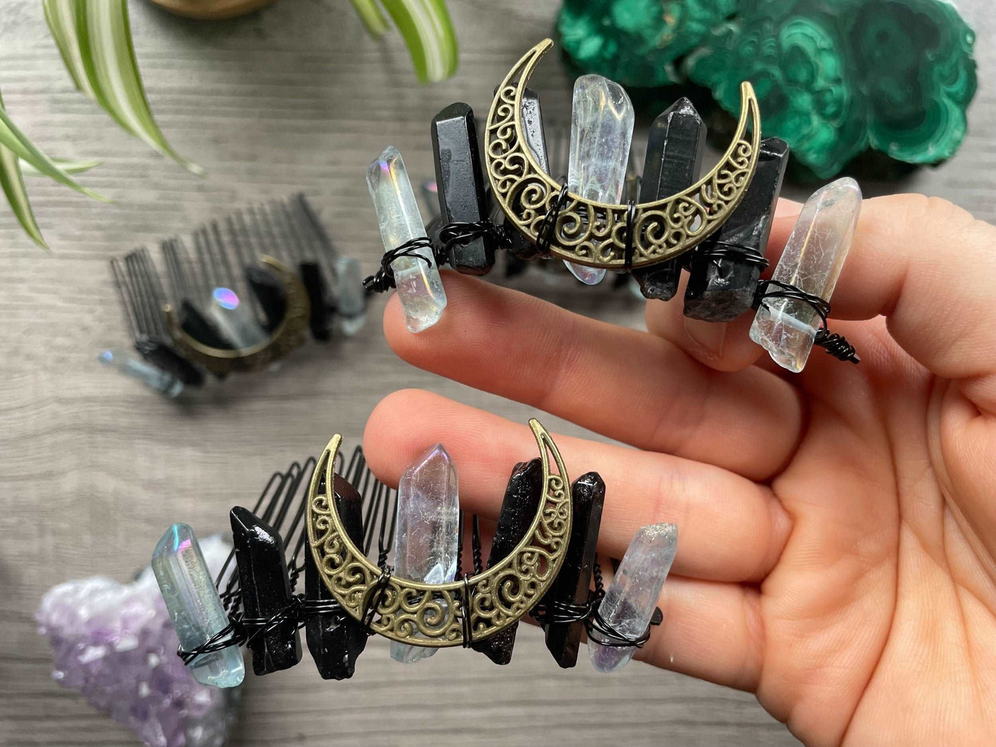 Black & Clear Quartz Aura Crystal Comb