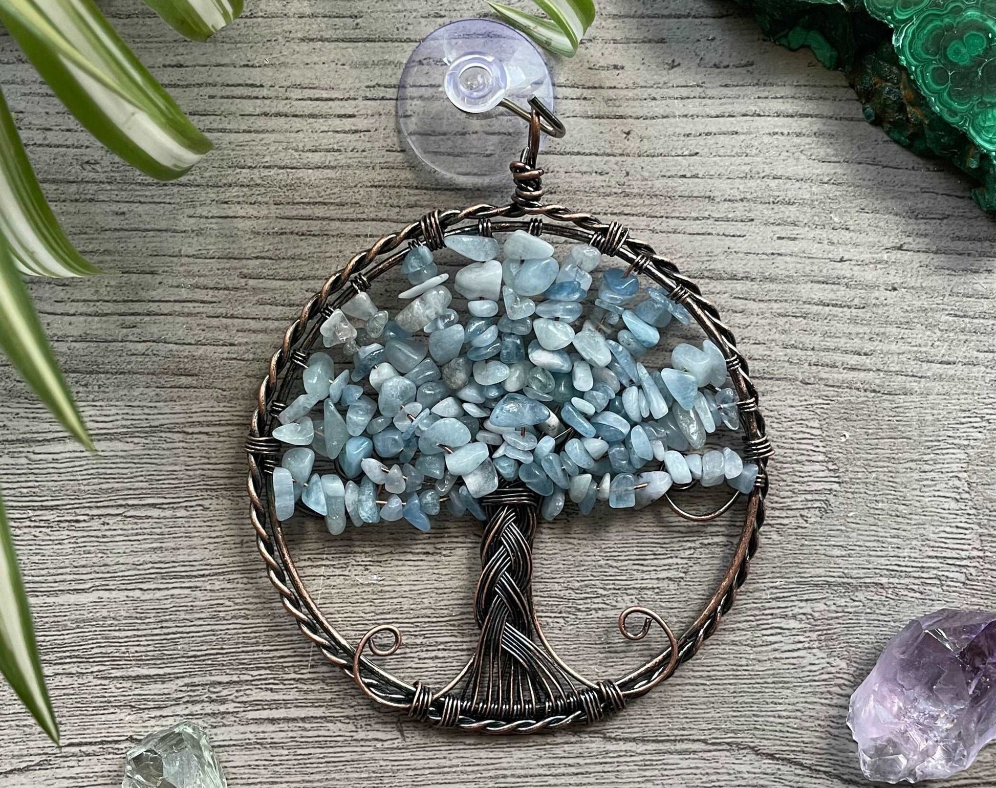 Aquamarine Crystal Wire-Wrapped Tree of Life Window Decoration