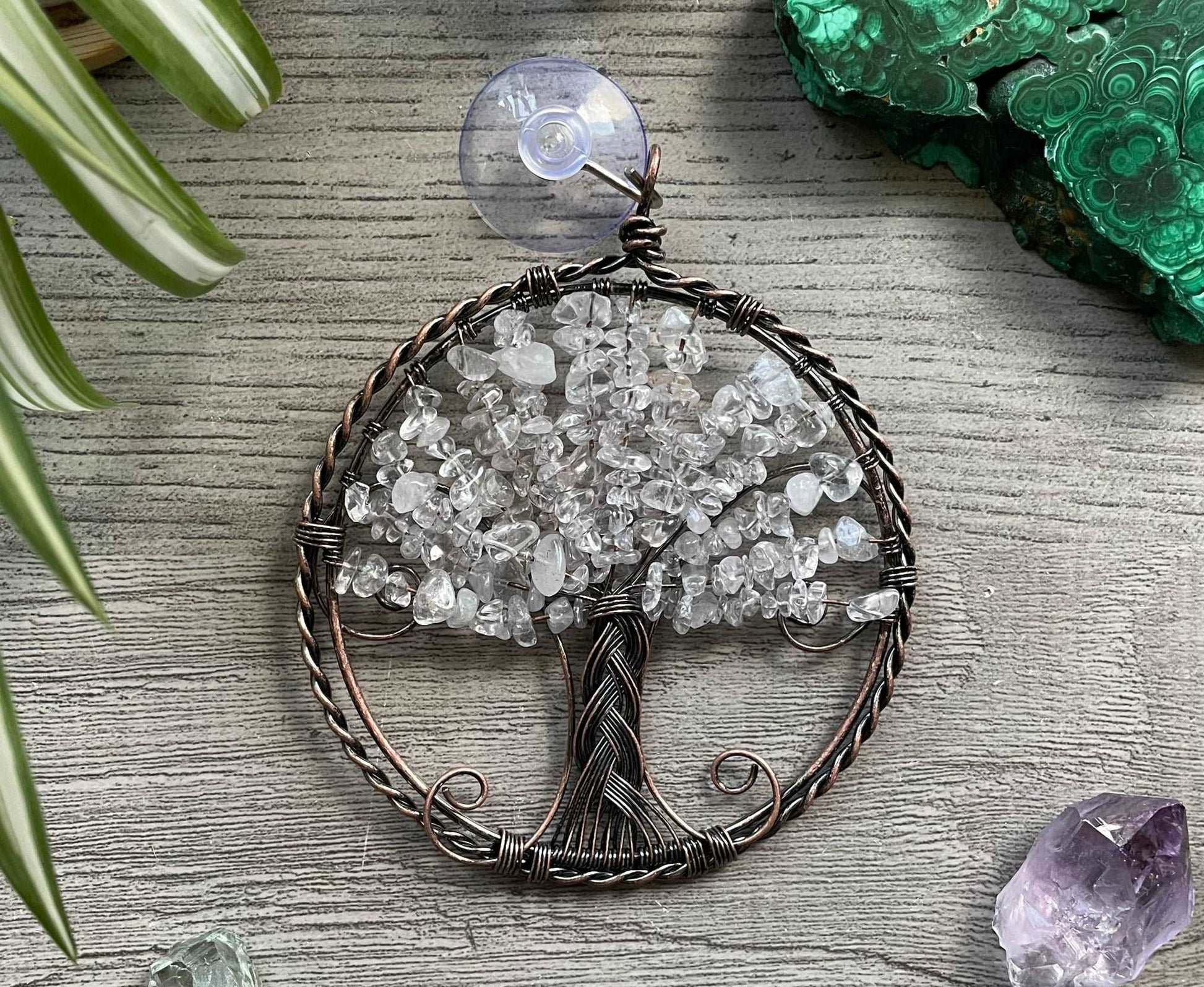 Clear Quartz Crystal Wire-Wrapped Tree of Life Window Decoration