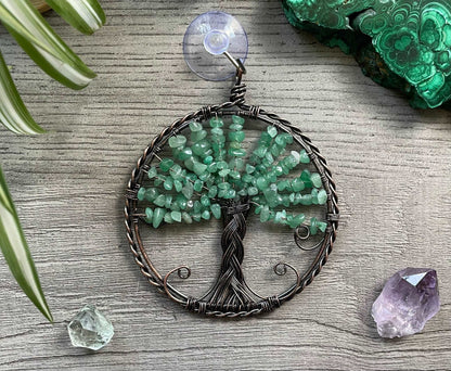 Green Aventurine Crystal Wire-Wrapped Tree of Life Window Decoration