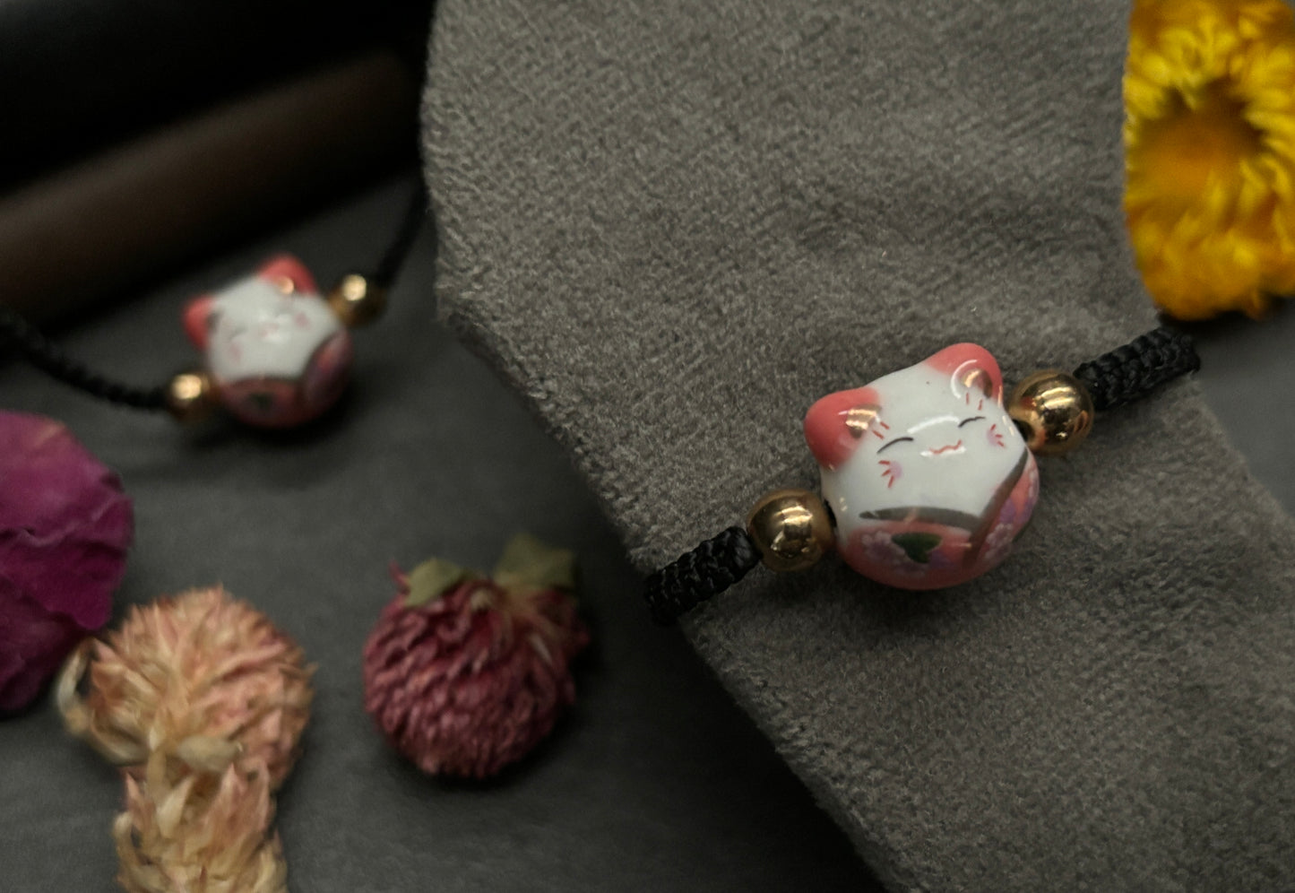 Pink Maneki Neko "Lucky Cat" Bracelet (Twisted Nightshade Jewellery) close up