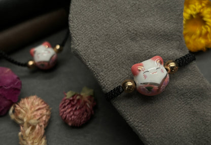 Pink Maneki Neko "Lucky Cat" Bracelet (Twisted Nightshade Jewellery) close up