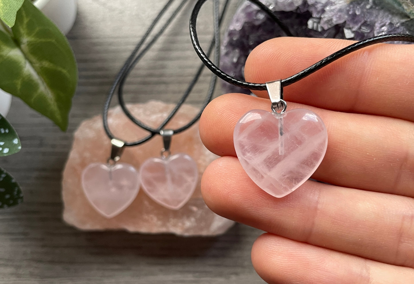 Rose Quartz Crystal Heart Pendant Necklace close up