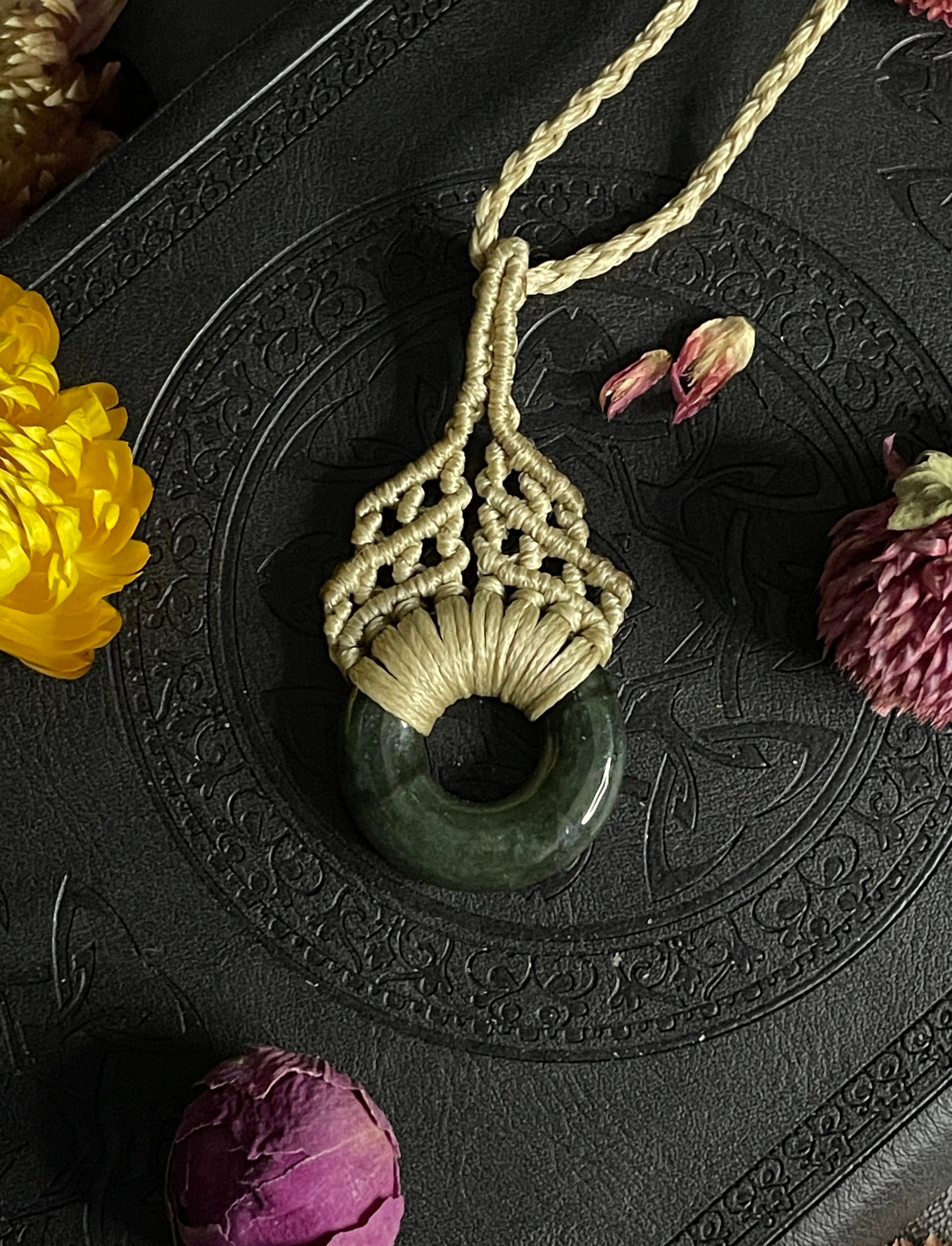 Genuine Jade Macramé Necklace (Twisted Nightshade Jewellery) - The Wandering Fox Emporium, Your Crystal Store close up