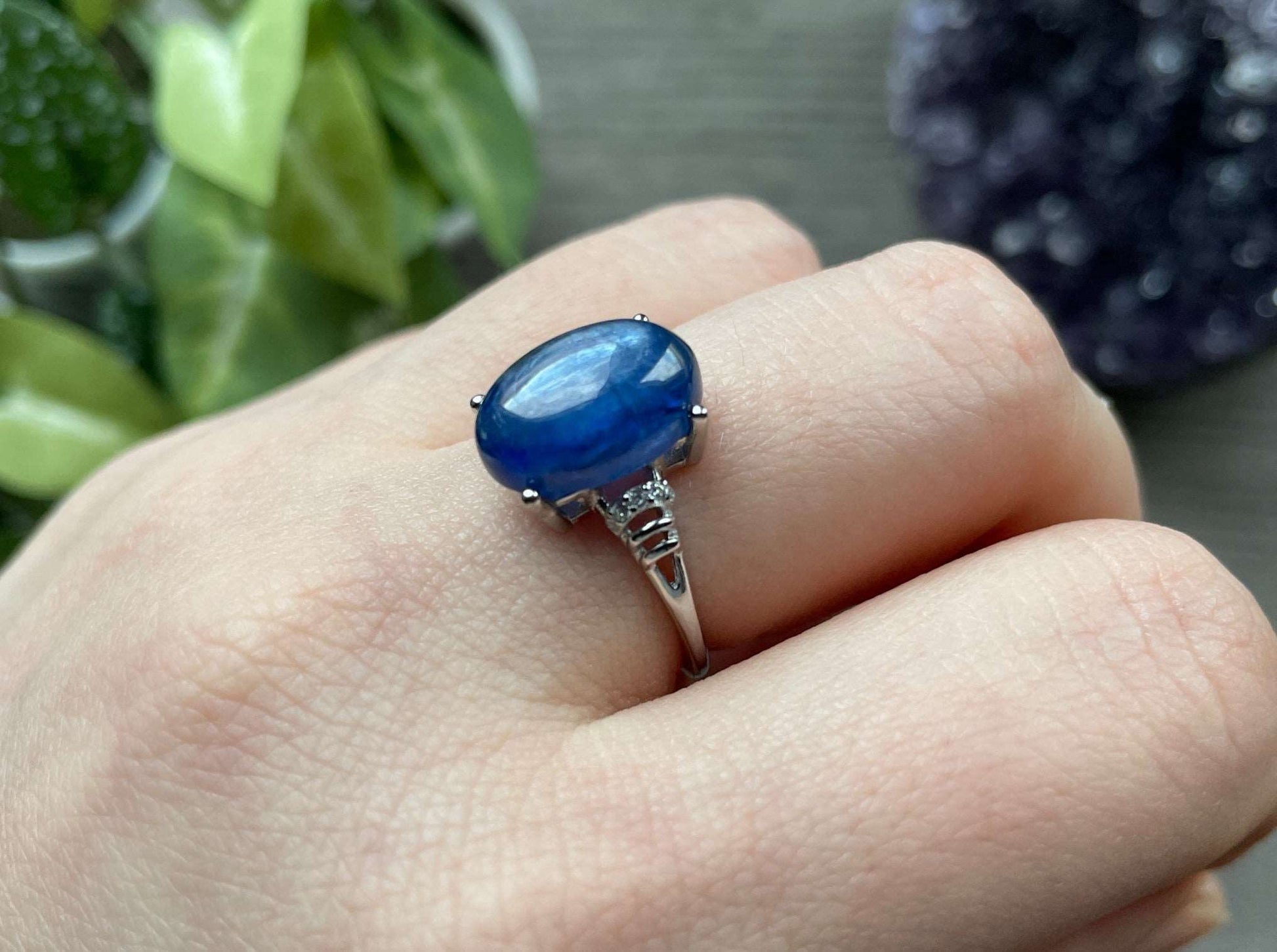 Pictured is a blue kyanite gemstone set in an S925 sterling silver ring. Blue Kyanite S925 Sterling Silver Ring (B) - The Wandering Fox Emporium, Your Crystal Store side