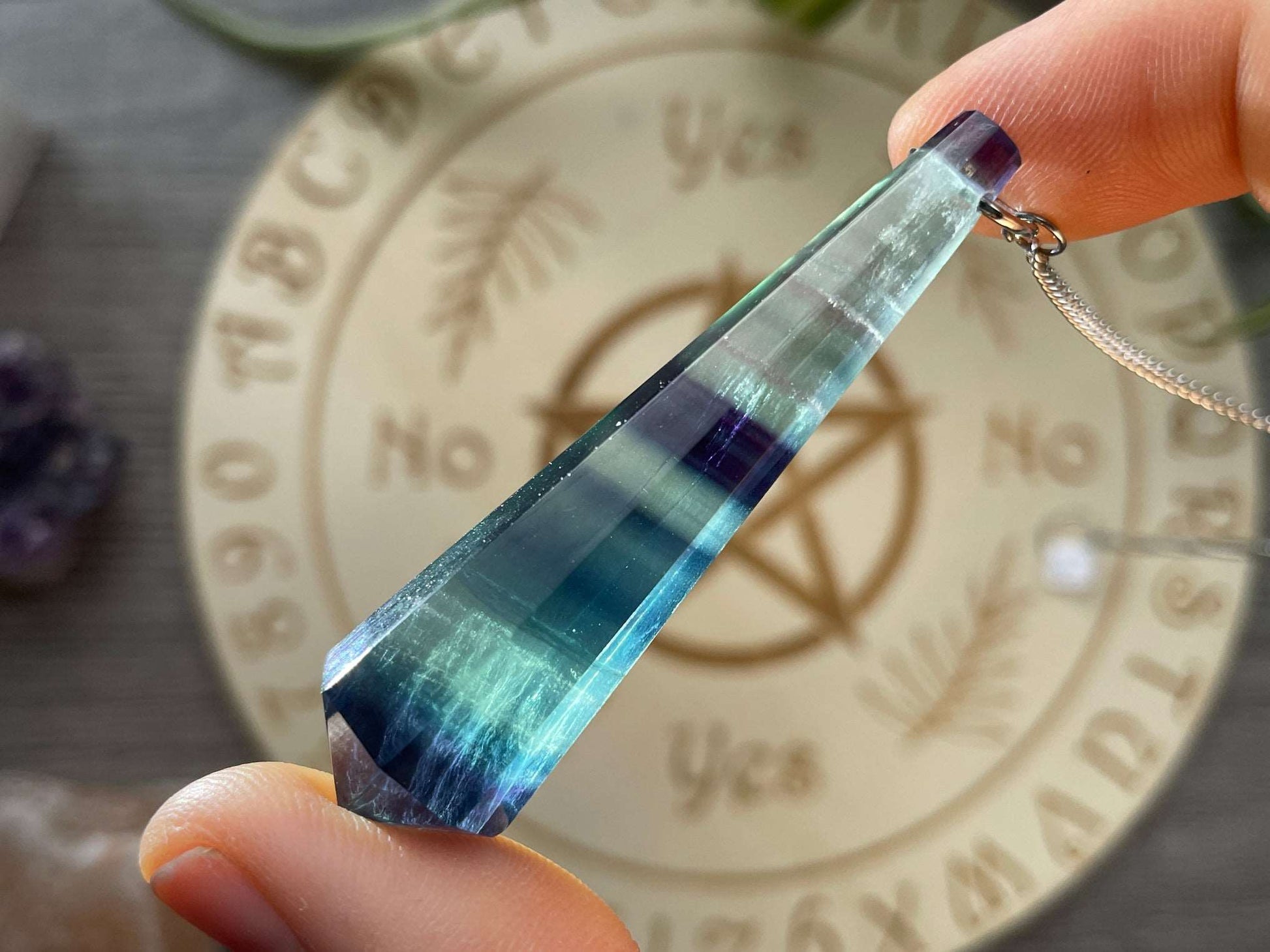 Blue Fluorite 8-Sided Crystal Pendulum (C) back