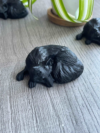 Black Obsidian Fox / Wolf Crystal Carving sitting