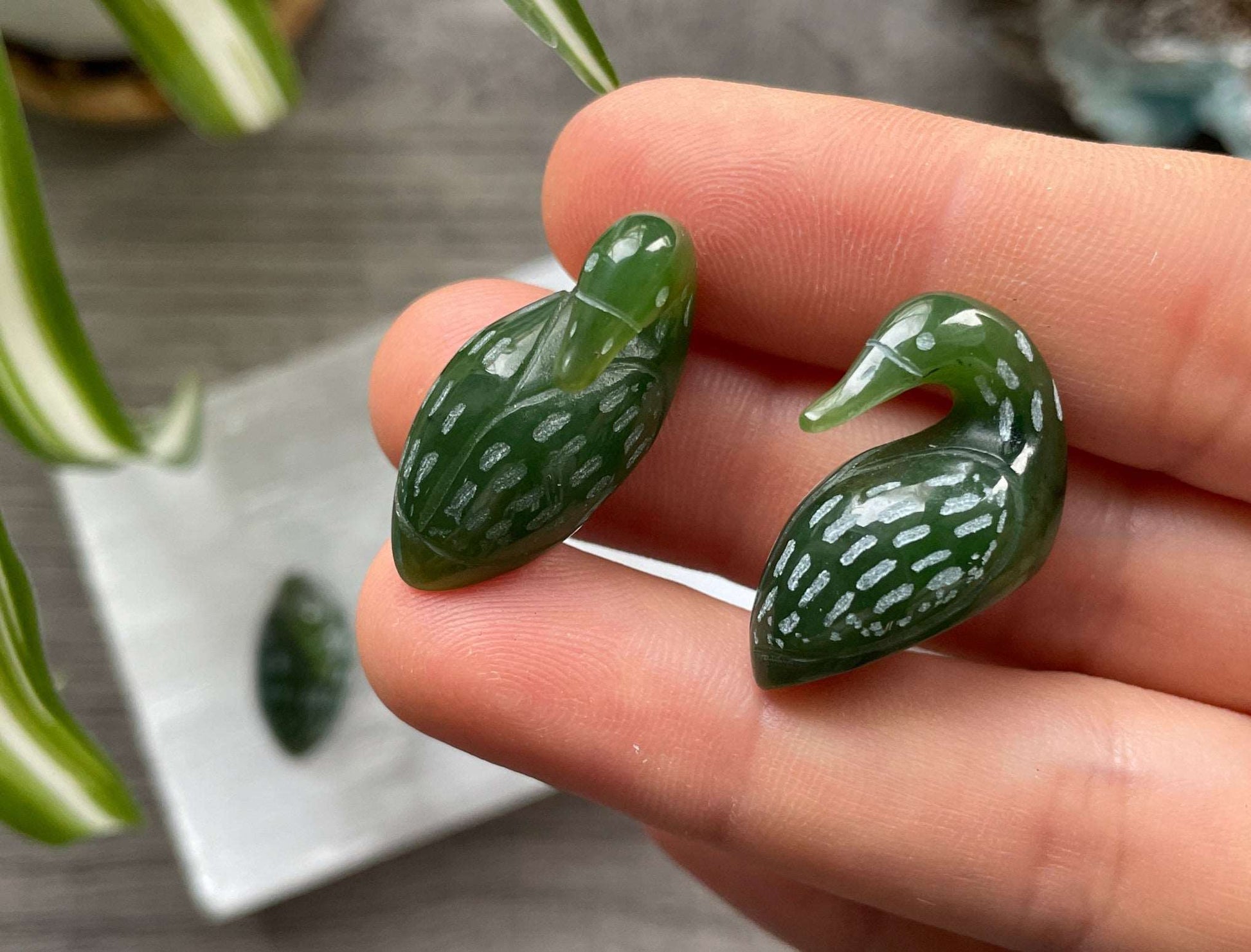 Genuine Canadian Jade Mini Loon Crystal Carving, close up