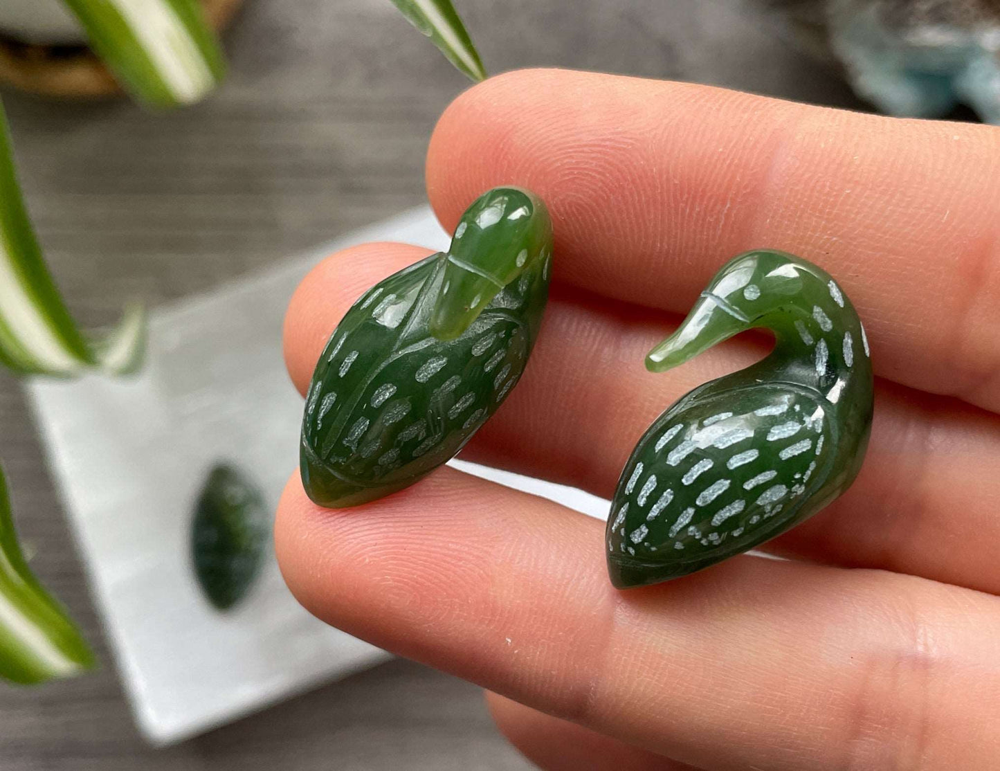 Genuine Canadian Jade Mini Loon Crystal Carving, both