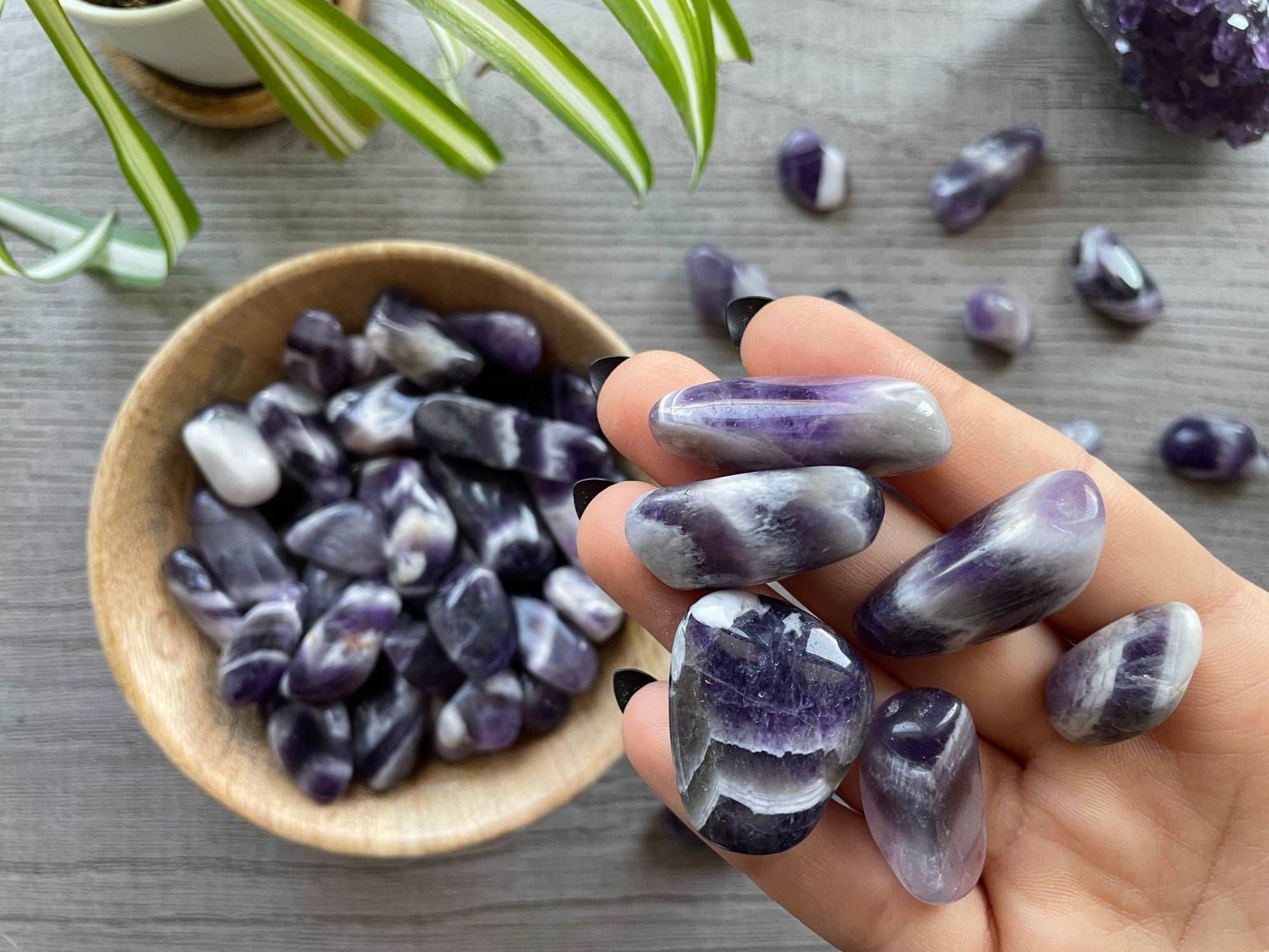 Chevron Amethyst Tumbled Stone close up