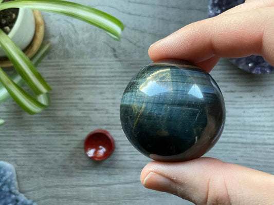 Blue Tiger's Eye Sphere - 40mm (A) - The Wandering Fox Emporium, Your Crystal Store front