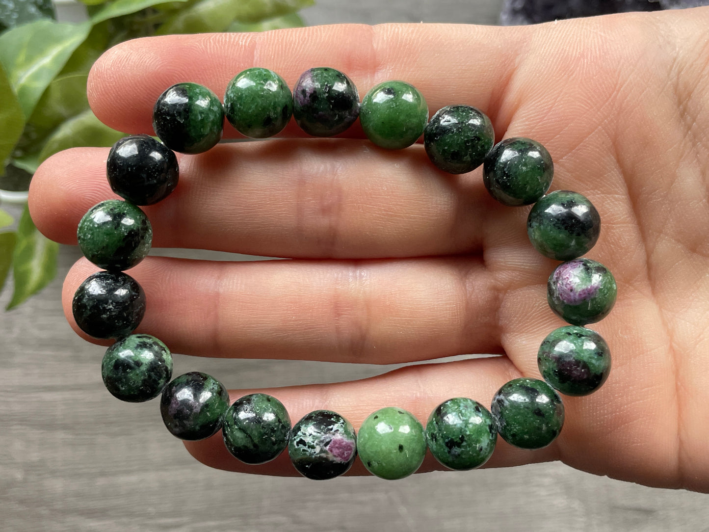 Ruby in Zoisite Bracelet 11mm - The Wandering Fox Emporium, Your Crystal Store close up