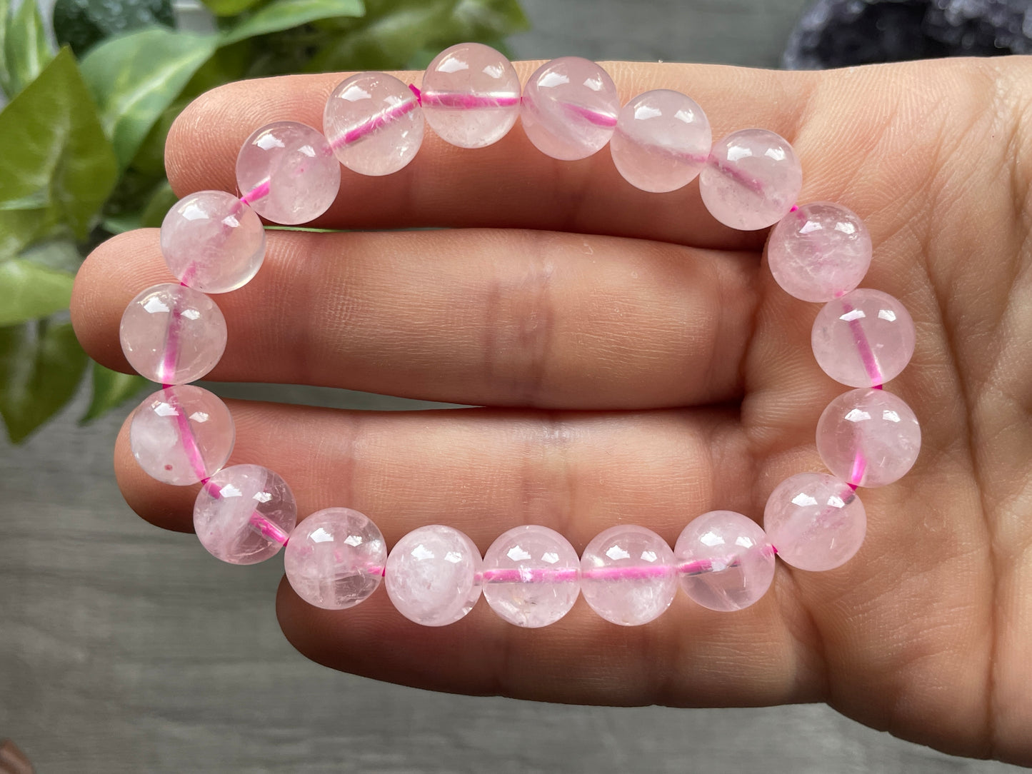 Rose Quartz Bracelet 10mm - The Wandering Fox Emporium, Your Crystal Store close up