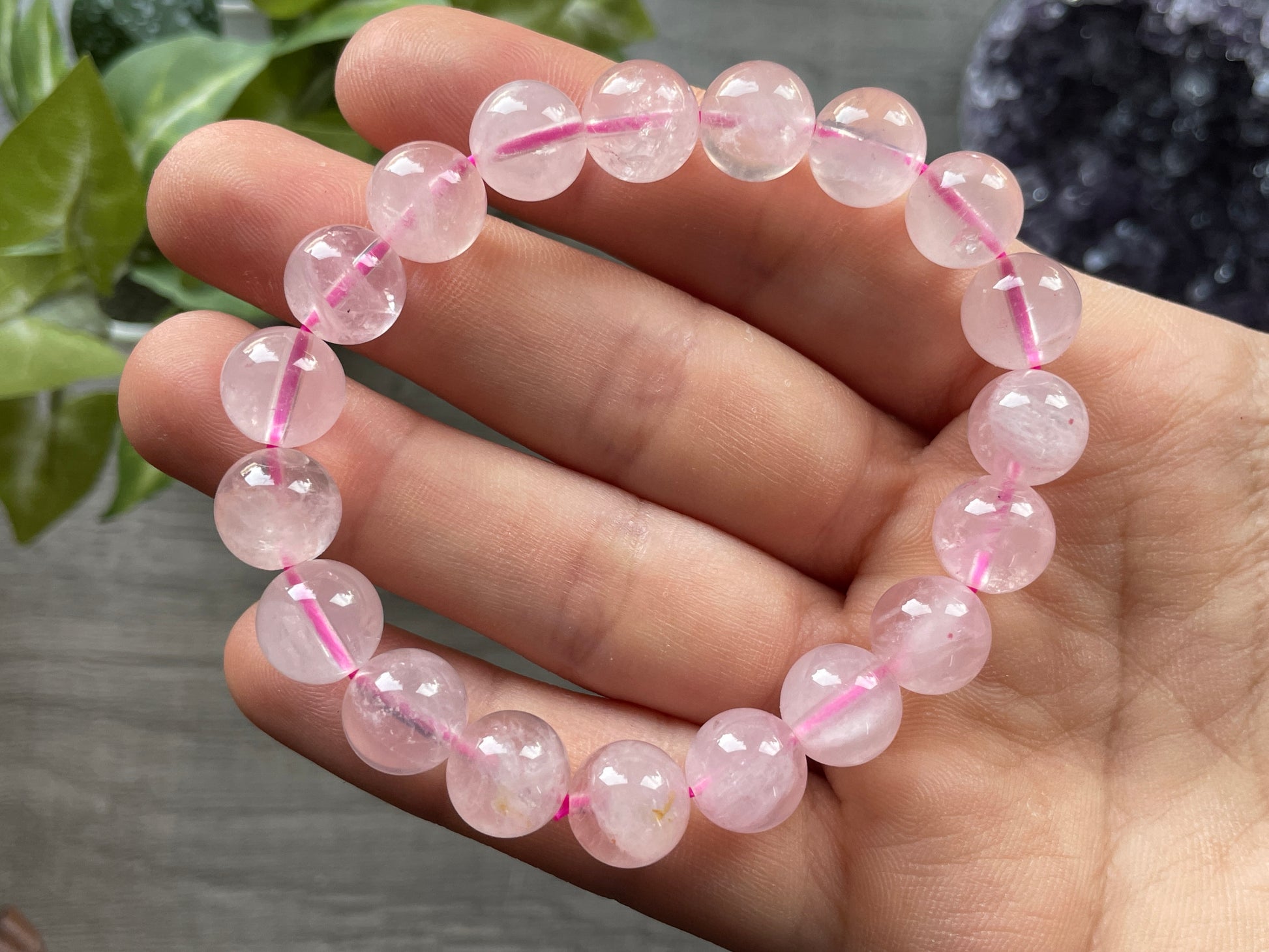 Rose Quartz Bracelet 10mm - The Wandering Fox Emporium, Your Crystal Store close up 2