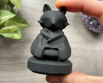 Black Obsidian Meditating Fox Crystal Carving, front