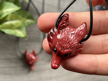 Mookaite Wolf Head Pendant Necklace Crystal Carving close up 2