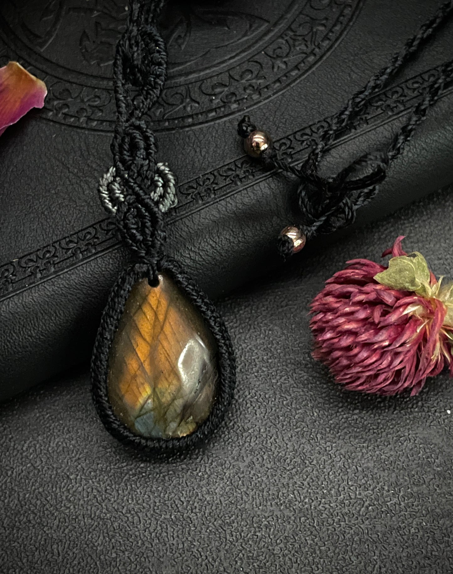 Sunset Labradorite Black & Grey Teardrop Macramé Necklace (Twisted Nightshade Jewellery) - The Wandering Fox Emporium, Your Crystal Store close up