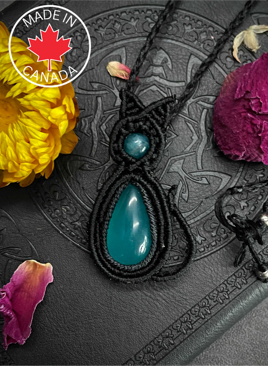 Chalcedony & Blue Apatite Cat Macramé Necklace (Twisted Nightshade Jewellery) - The Wandering Fox Emporium, Your Crystal Store