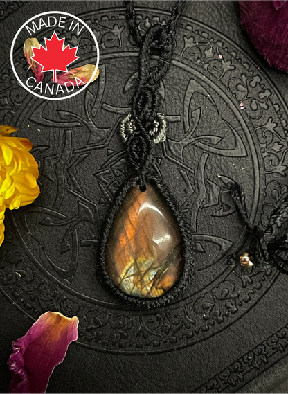 Sunset Labradorite Black & Grey Teardrop Macramé Necklace (Twisted Nightshade Jewellery) - The Wandering Fox Emporium, Your Crystal Store