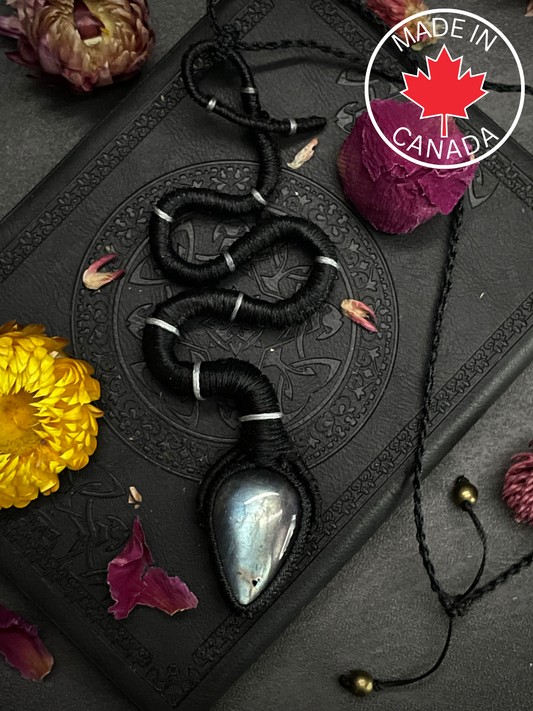 Labradorite Serpent Teardrop Macramé Necklace (Twisted Nightshade Jewellery) Snake - The Wandering Fox Emporium, Your Crystal Store