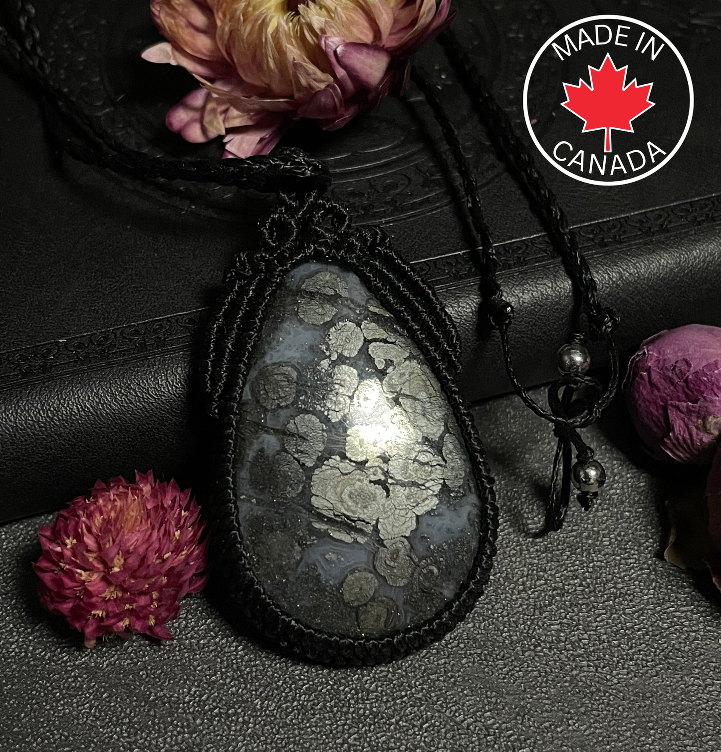 Marcasite in Agate Macramé Necklace (Twisted Nightshade Jewellery) - The Wandering Fox Emporium, Your Crystal Store