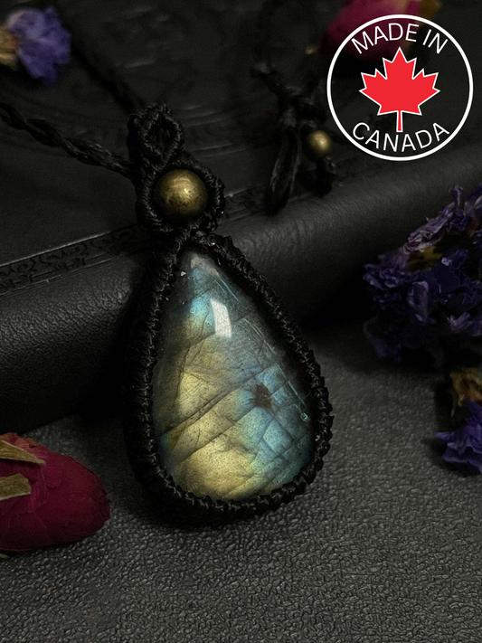 Blue/Gold Labradorite Teardrop Macramé Necklace (Twisted Nightshade Jewellery) - The Wandering Fox Emporium, Your Crystal Store