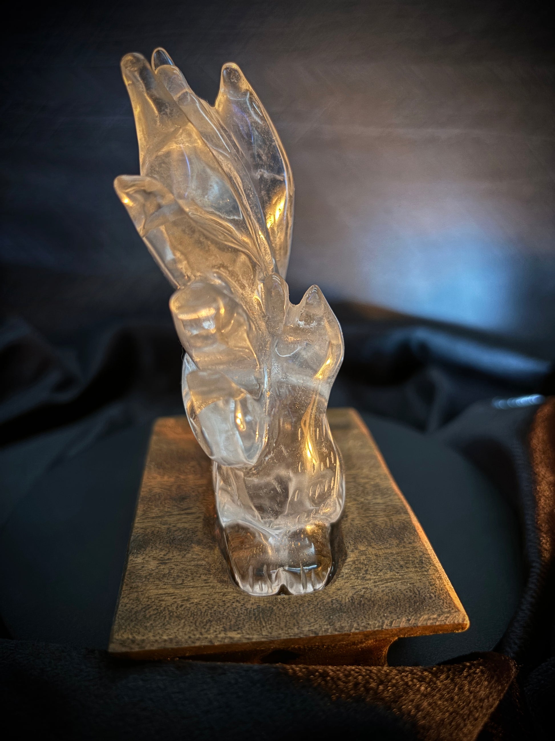 Hand-Carved Clear Quartz Nine-Tailed Fox Carved Crystals - The Wandering Fox Emporium, Your Metaphysical Store, side 2 close up