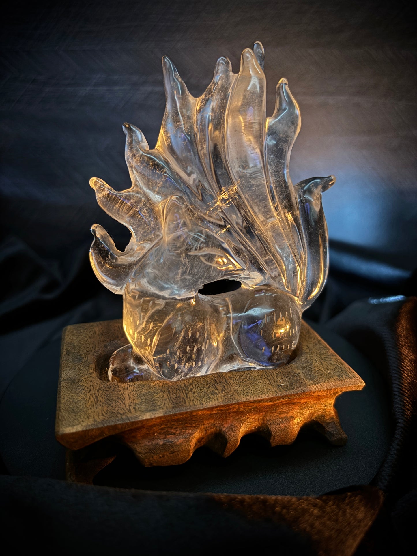 Hand-Carved Clear Quartz Nine-Tailed Fox Carved Crystals - The Wandering Fox Emporium, Your Metaphysical Store, Front 2