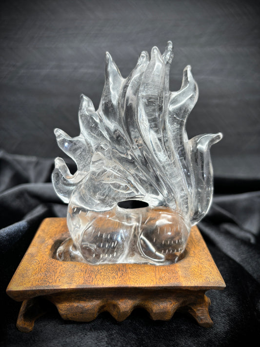 Hand-Carved Clear Quartz Nine-Tailed Fox Carved Crystals - The Wandering Fox Emporium, Your Metaphysical Store, Front