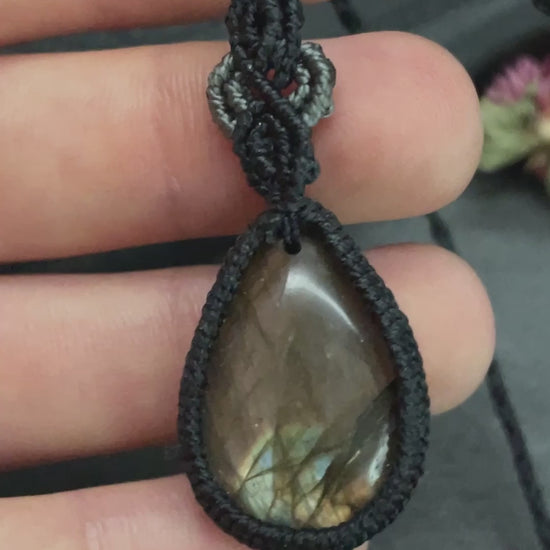 Sunset Labradorite Black & Grey Teardrop Macramé Necklace (Twisted Nightshade Jewellery) - The Wandering Fox Emporium, Your Crystal Store video