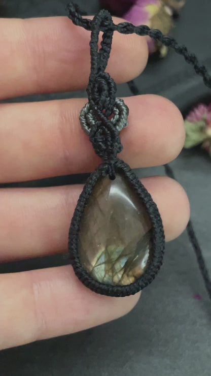 Sunset Labradorite Black & Grey Teardrop Macramé Necklace (Twisted Nightshade Jewellery) - The Wandering Fox Emporium, Your Crystal Store video