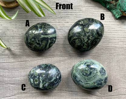 Pictured are various polished kambaba jasper palm stones. Kambaba Jasper Palm Stone front