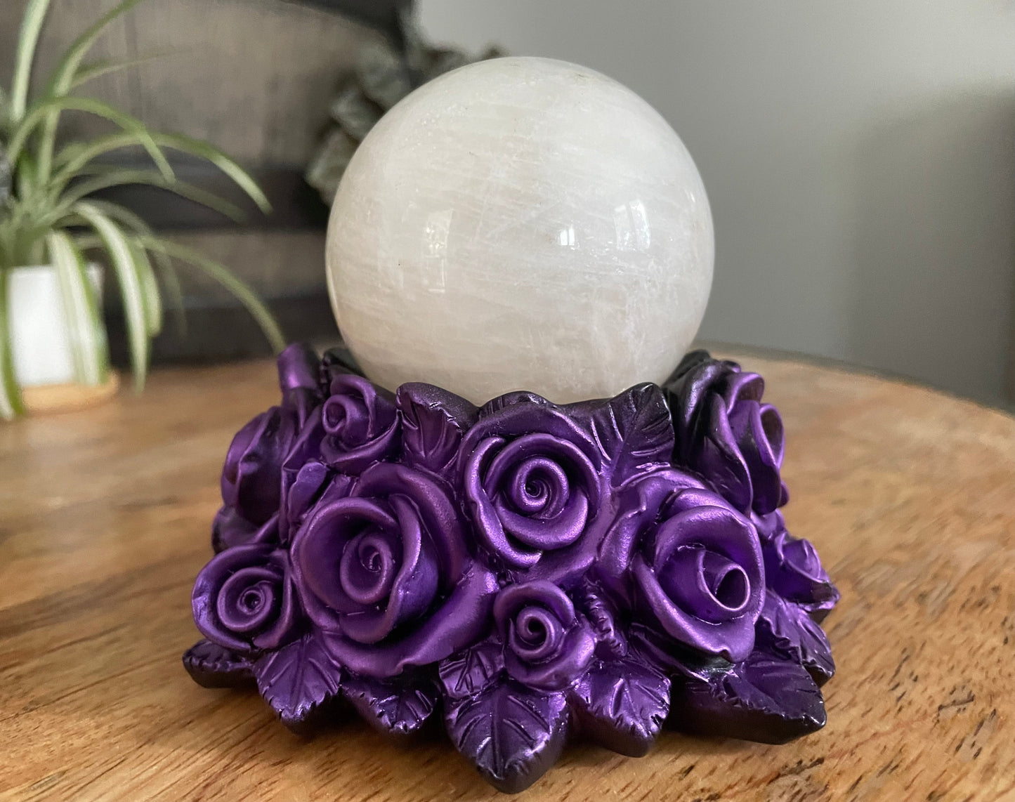 Purple Roses Crystal Sphere Stand - The Wandering Fox Emporium, Your Metaphysical Store back