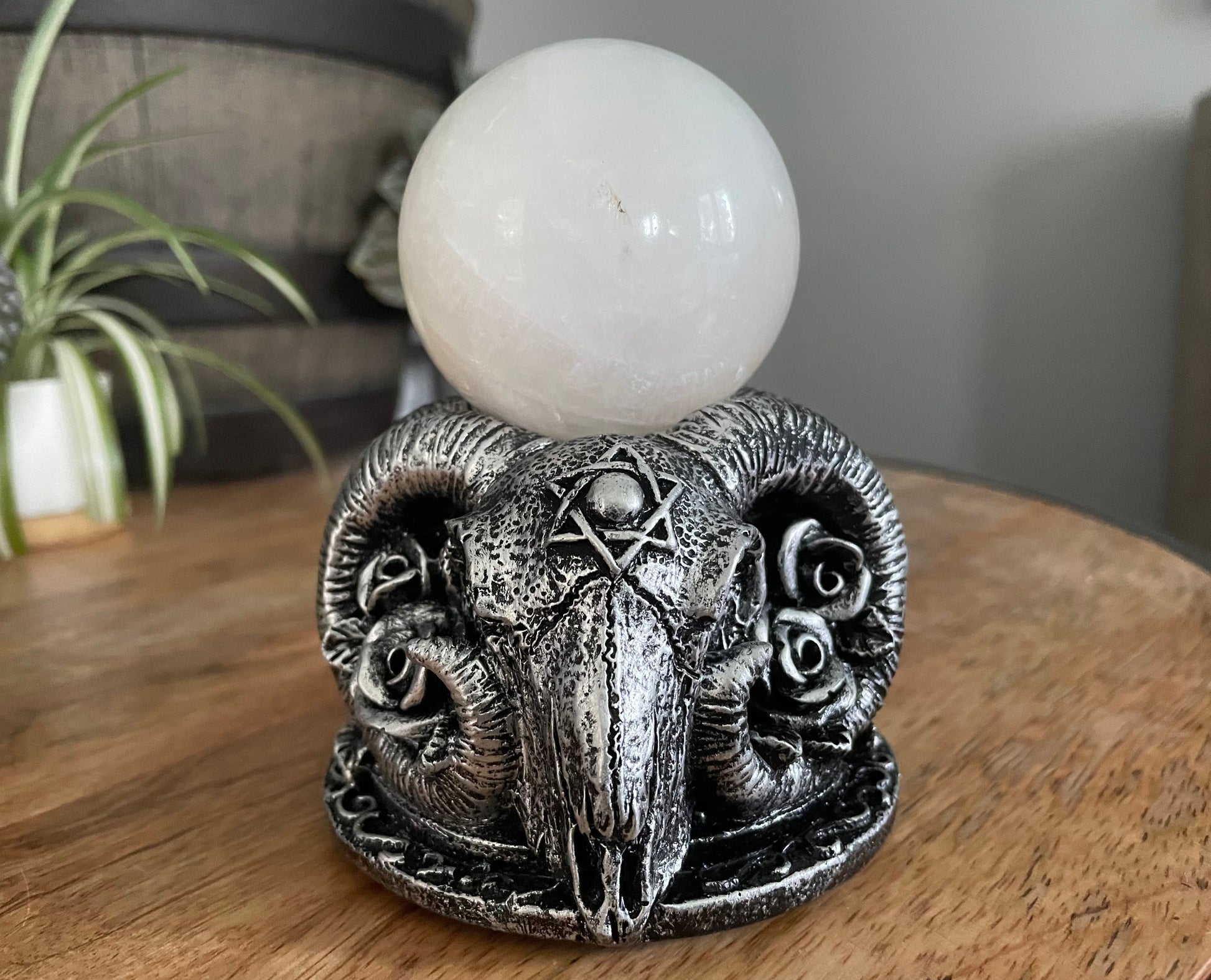 Ram Skull Crystal Sphere Stand - The Wandering Fox Emporium, Your Metaphysical Store front