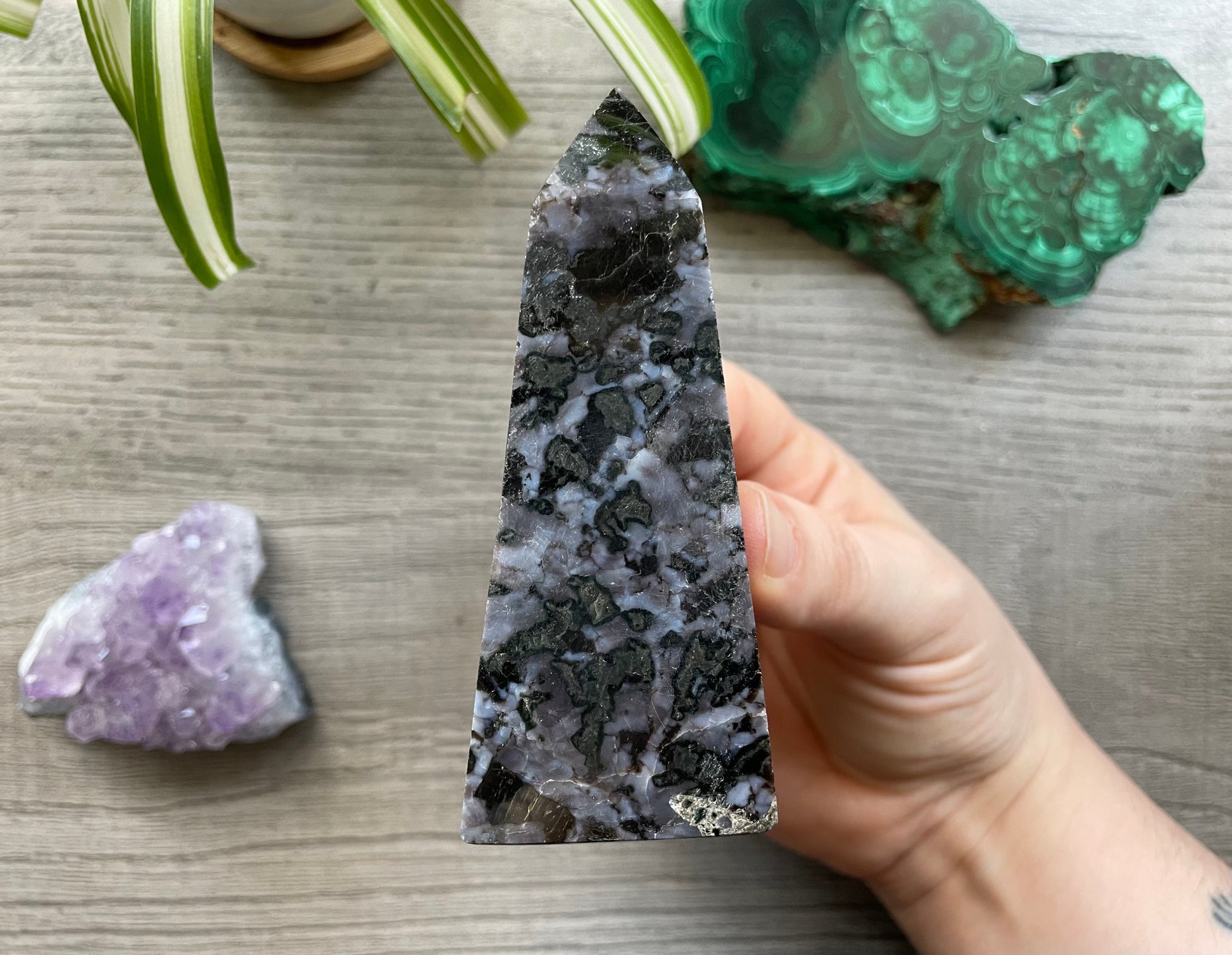 Mystic Merlinite (Indigo Gabbro) Crystal Obelisk (D) side