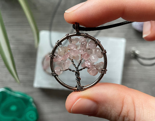 Rose Quartz Crystal Wire-Wrapped Tree Of Life Necklace