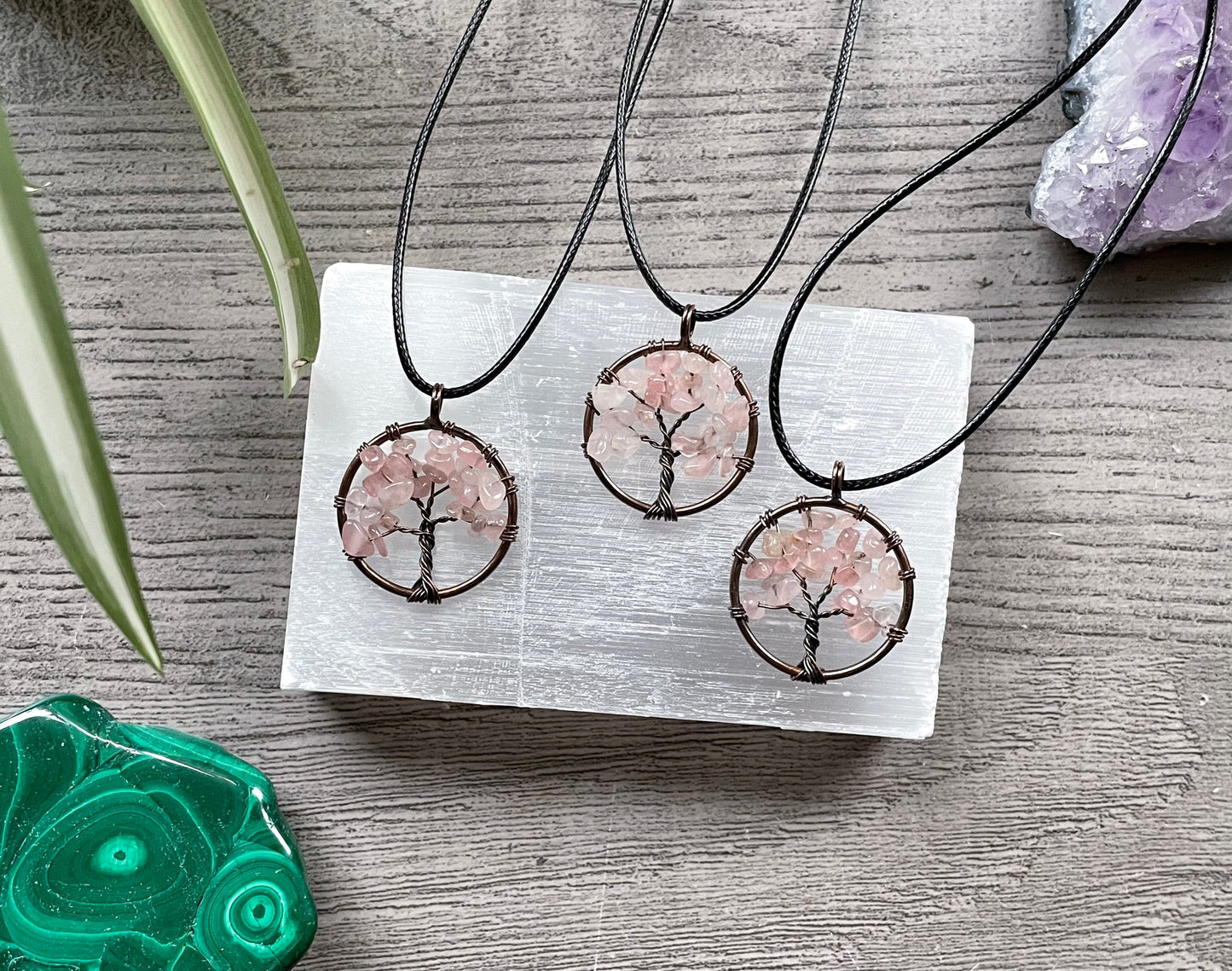 Rose Quartz Crystal Wire-Wrapped Tree Of Life Necklace selection