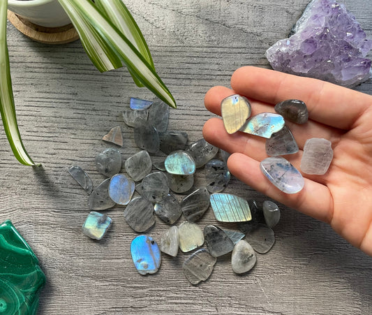 Pictured are various labradorite tumbled stones. Labradorite Crystal Chips close up