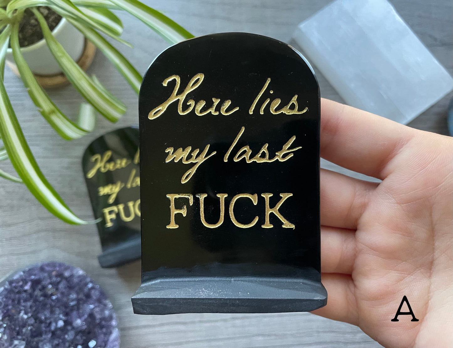 "Here Lies My Last Fuck" Black Obsidian Tombstone ✨EXCLUSIVE PRODUCT✨ Crystal Carving close up