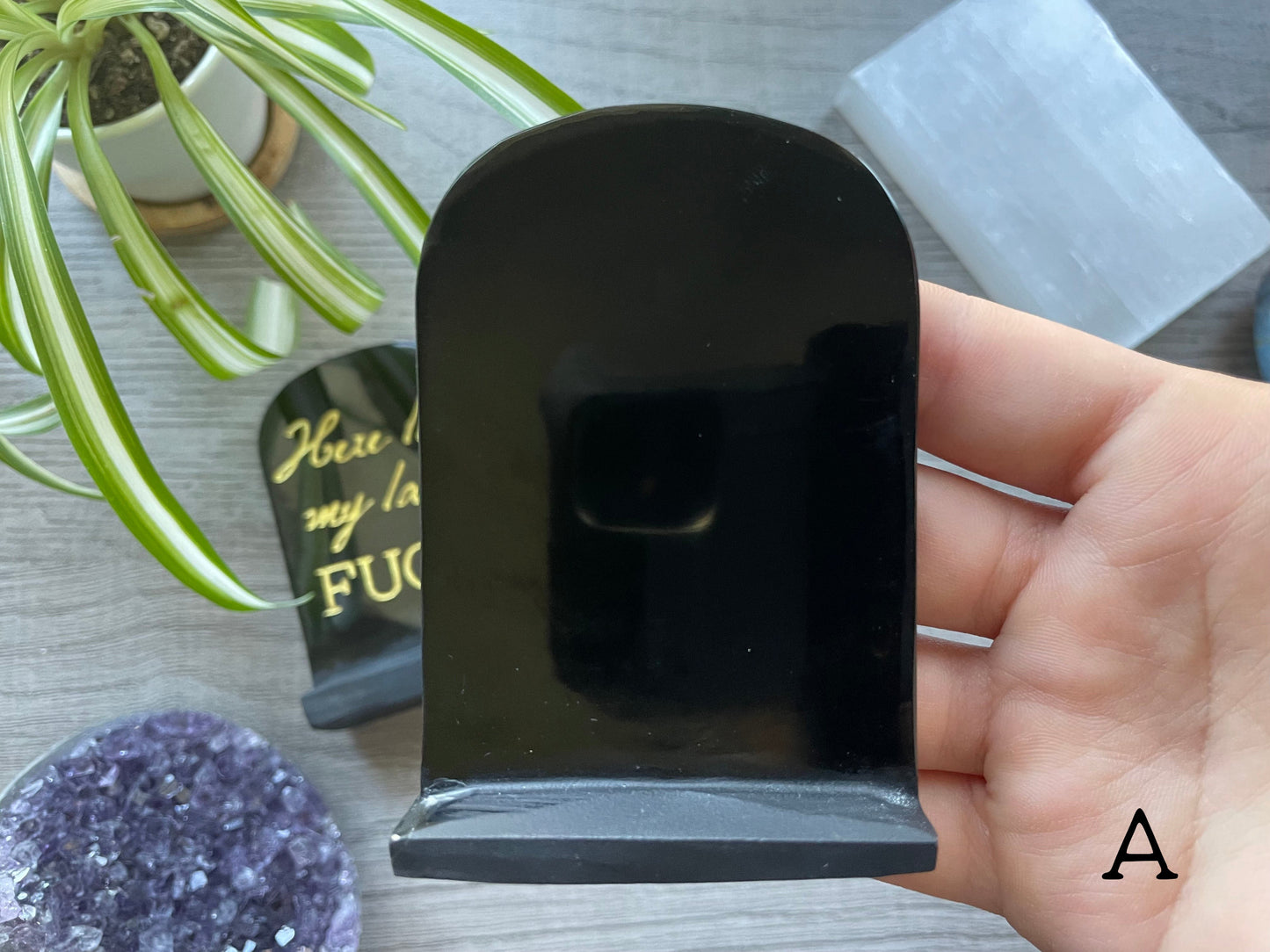 "Here Lies My Last Fuck" Black Obsidian Tombstone ✨EXCLUSIVE PRODUCT✨ Crystal Carving back